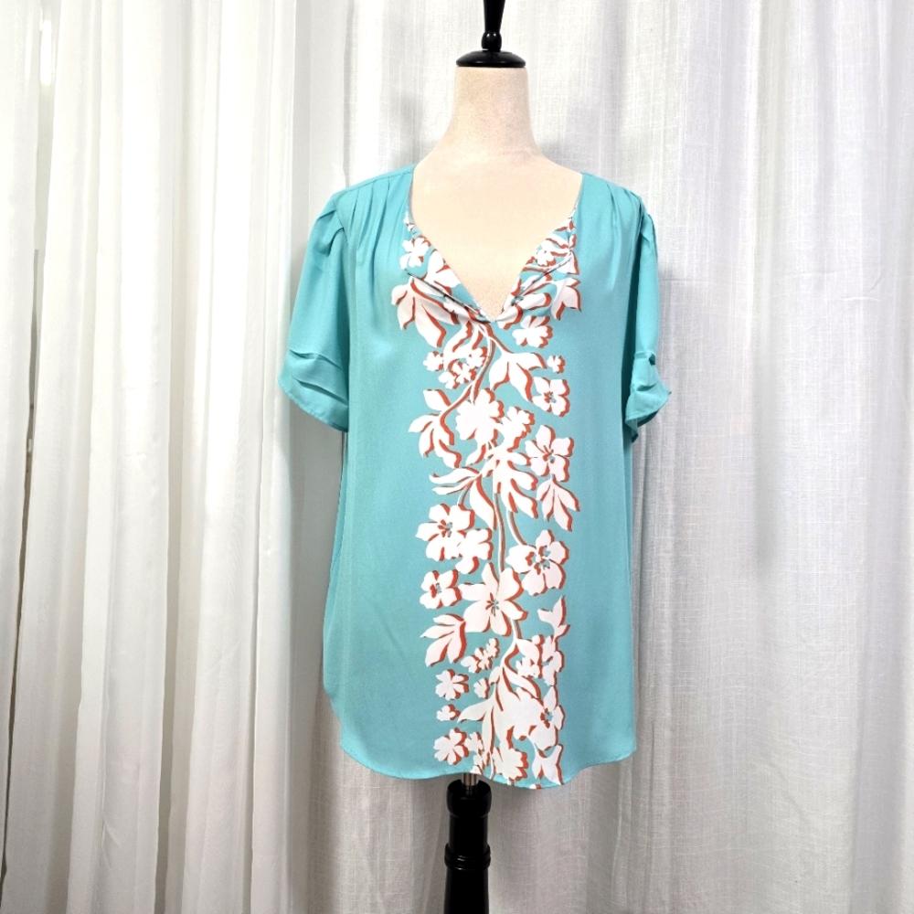 2/$30 DR2 Lightweight Floral Print Women's Top - Teal and White XXL